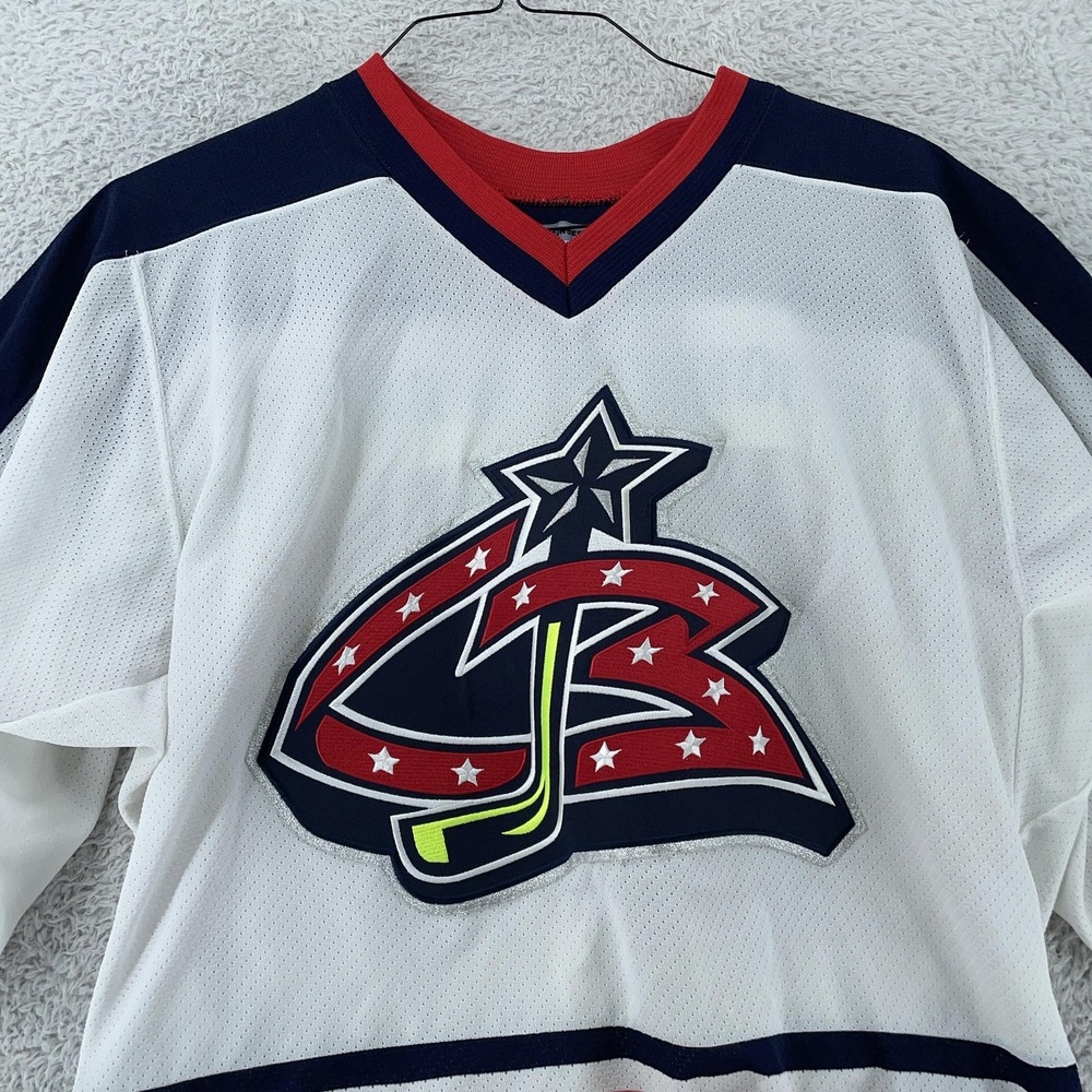Columbus Blue Jackets Hockey Jersey Mens Small White Navy Red NHL CCM Air Knit